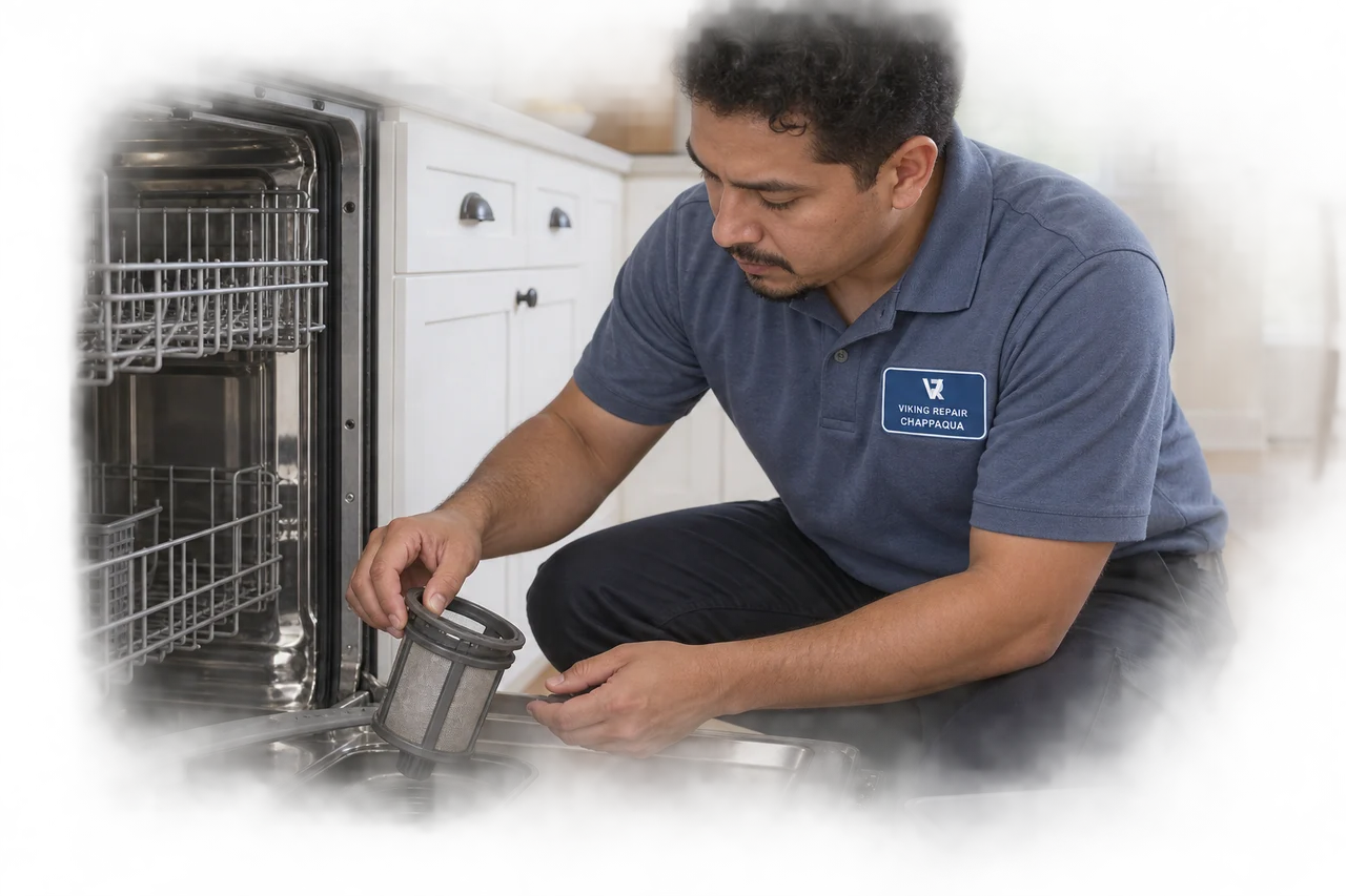 Illustrative technician inspecting a dishwasher filter in a Chappaqua uniform.